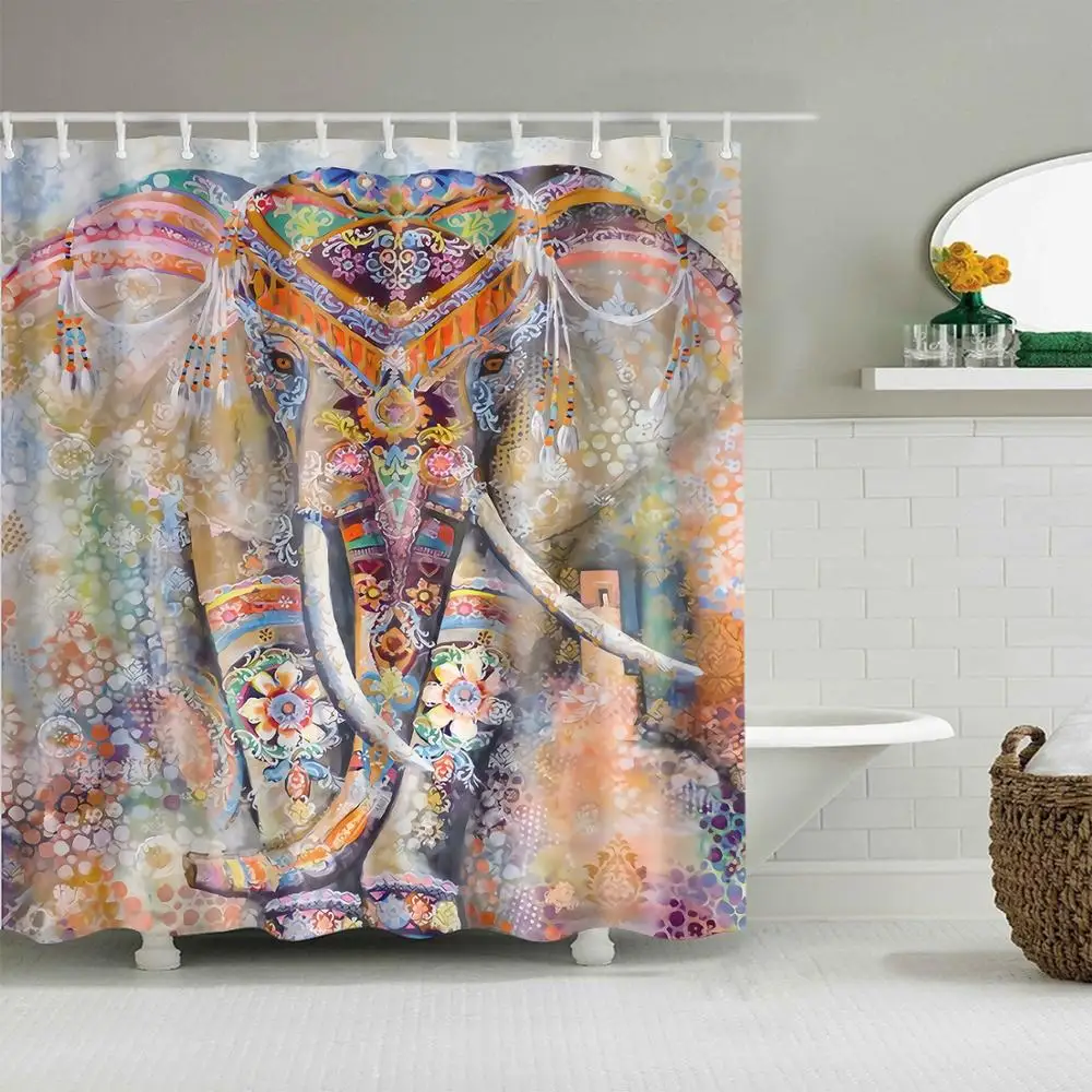 Polyester Fabric Shower Curtain 3D Animal Playful Elephant Bathtub Curtains Vintage Fabric Art Bathroom Curtain 80X80inch