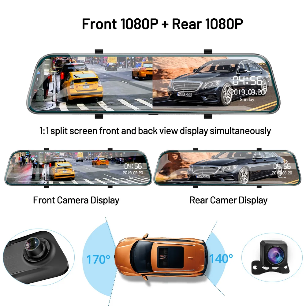 E-ACE A39 12 дюймов сенсорный автомобильный видеорегистратор потоковое зеркало заднего вида Dash камера FHD 1080P видео рекордер двойной объектив с камерой заднего вида