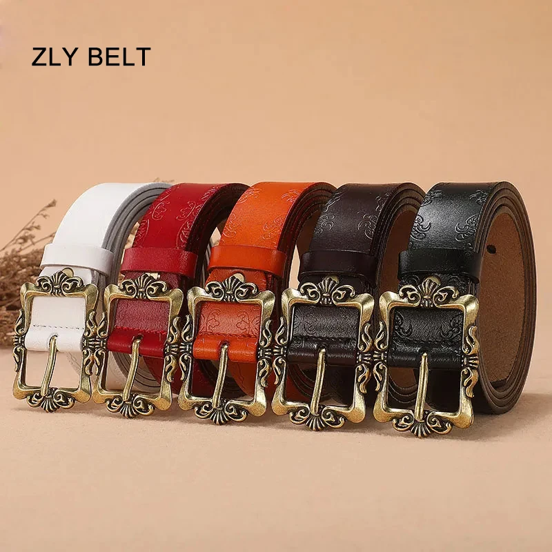 

ZLY 2021 New Fashion Retro Belt Women PU Leather Material Alloy Metal Brass Color Pin Buckle Lady Wasit Band Carved Decoration