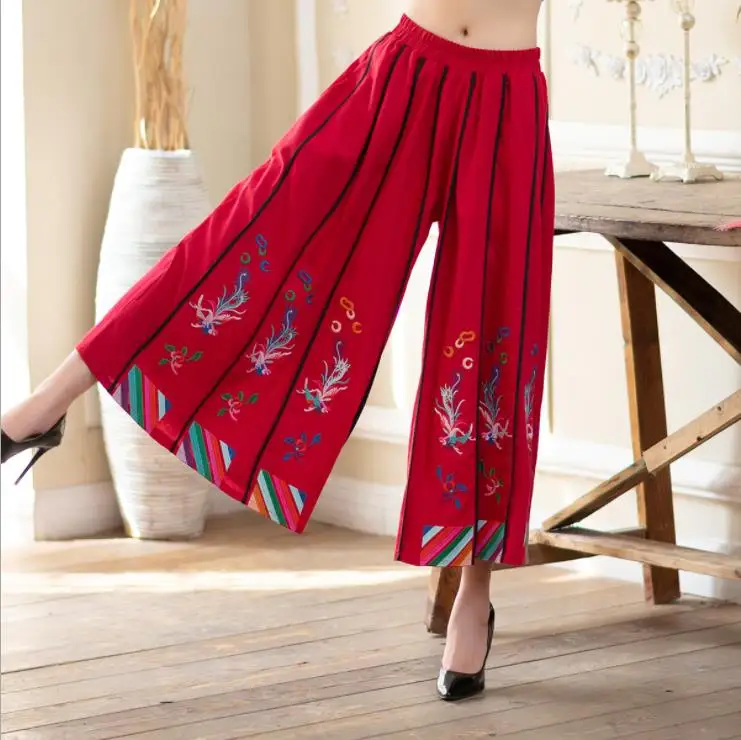 

2019 new cotton and linen embroidered casual wide leg pants