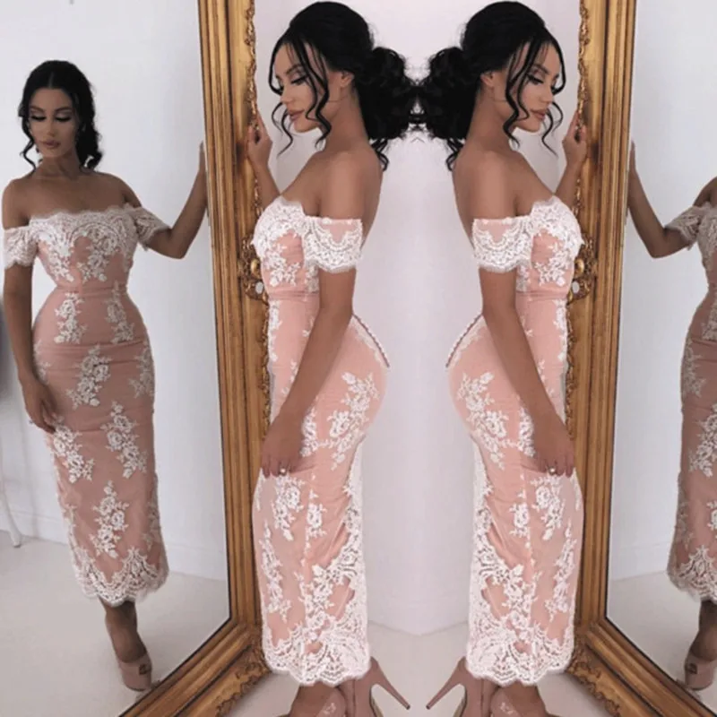 

New Arrival Off the shoulder Short dress Lace Evening Gowns 2022 Robe Soiree Dubai Arabic Dress Plus Size