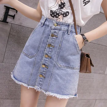 

Lucyever Tassel Women Denim Skirt Fashion Summer Single Breasted Jeans Skirt High Waist Korean A Line Streetwear Mini Skirt 2020