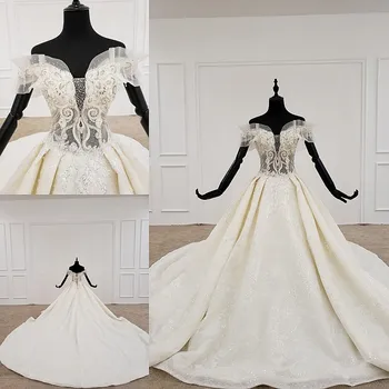 

Gorgeous Off-shoulder A Line Beach wedding dresses Vintage Sequins Crystal/Beading plus size Bridal Gowns Vestidos De Novia