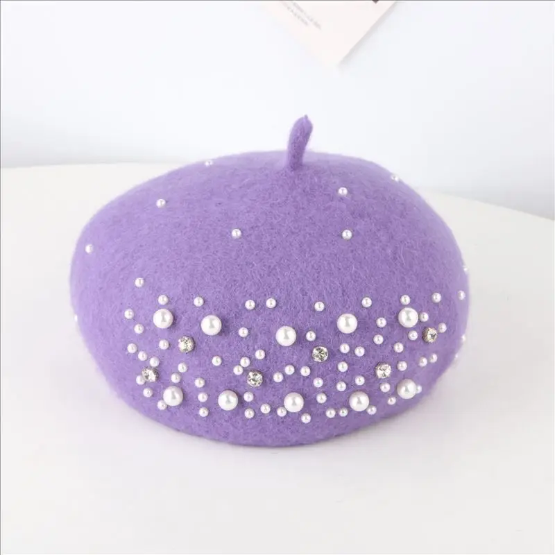 Винтажные модные береты унисекс года, однотонные детские шапки, роскошный перламутровый берет для взрослых и детей, зимние теплые шерстяные родитель-Детские шапочки - Цвет: Violet
