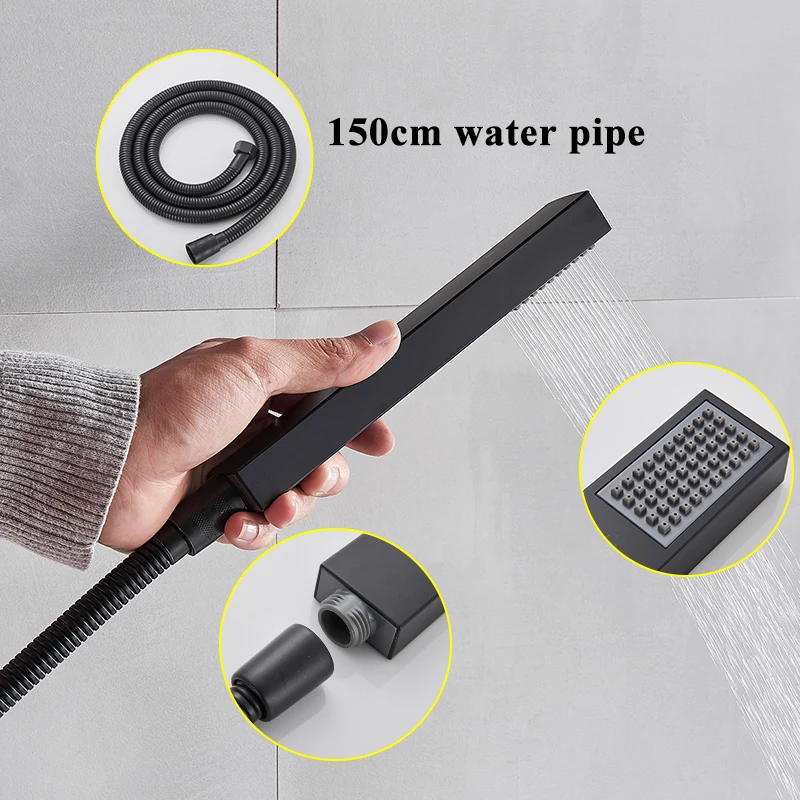ULGKSD Black Bathtub Faucet Set Waterfall Spout Solid Brass Hot Cold Mixer Tap Bath Shower Faucet Wall Mounted Bathroom Faucet 4
