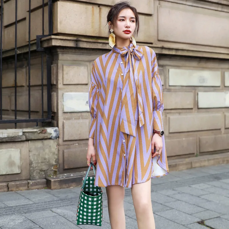 Fashion Tide Summer New Pattern Ribbon Bow Collar Stripe Three Quarter Sleeve Irregular Hem Lady Fashion Shirt Dress BA579