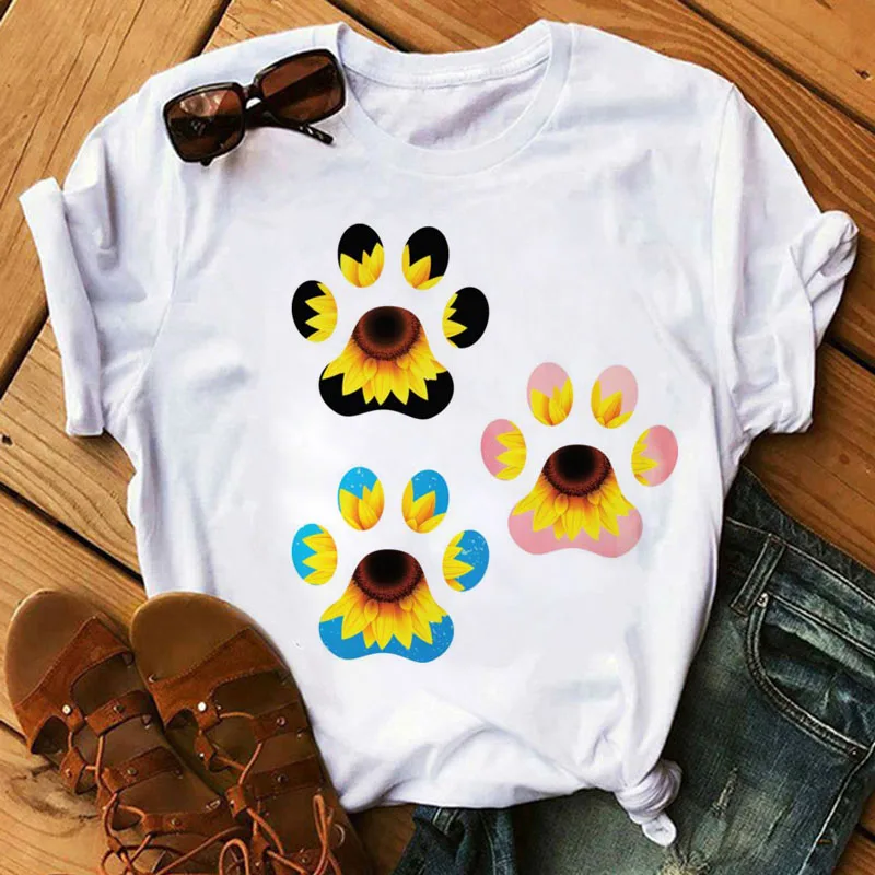 

Funny Women T Shirt Sunflower Dog Paw Printed T Shirt Female Fashion Short Sleeve Tops Women Cute Tee Shirts 90s Girls T-shirt