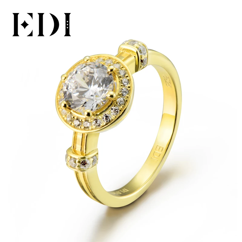 EDI, роскошное кольцо с муассанитом, 1CT, круглая огранка, 14 k, 585 Желтое золото, обручальные кольца для женщин, ювелирные изделия на заказ
