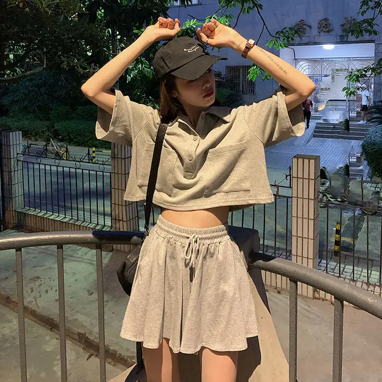 Women Sets Chic Cargo Style Korean Design Simple Loose Pocket Crop Top High Waist Wide-leg All-match Shorts Summer Femme Outfits white two piece set