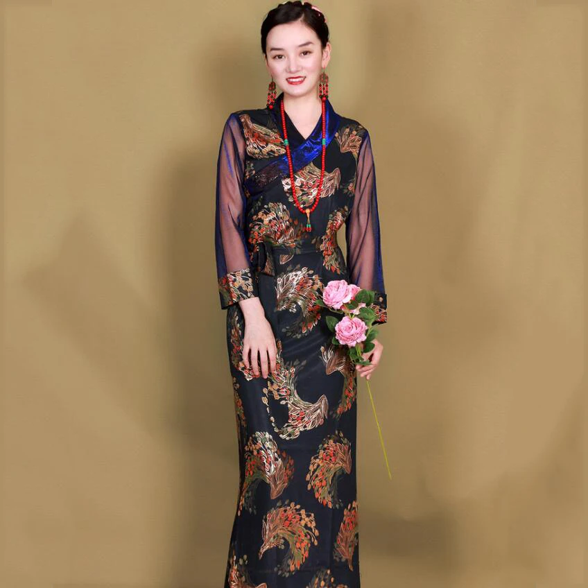 Tibetan Dress Retro Long Sleeves Ethnic Robe Chinese Traditional 