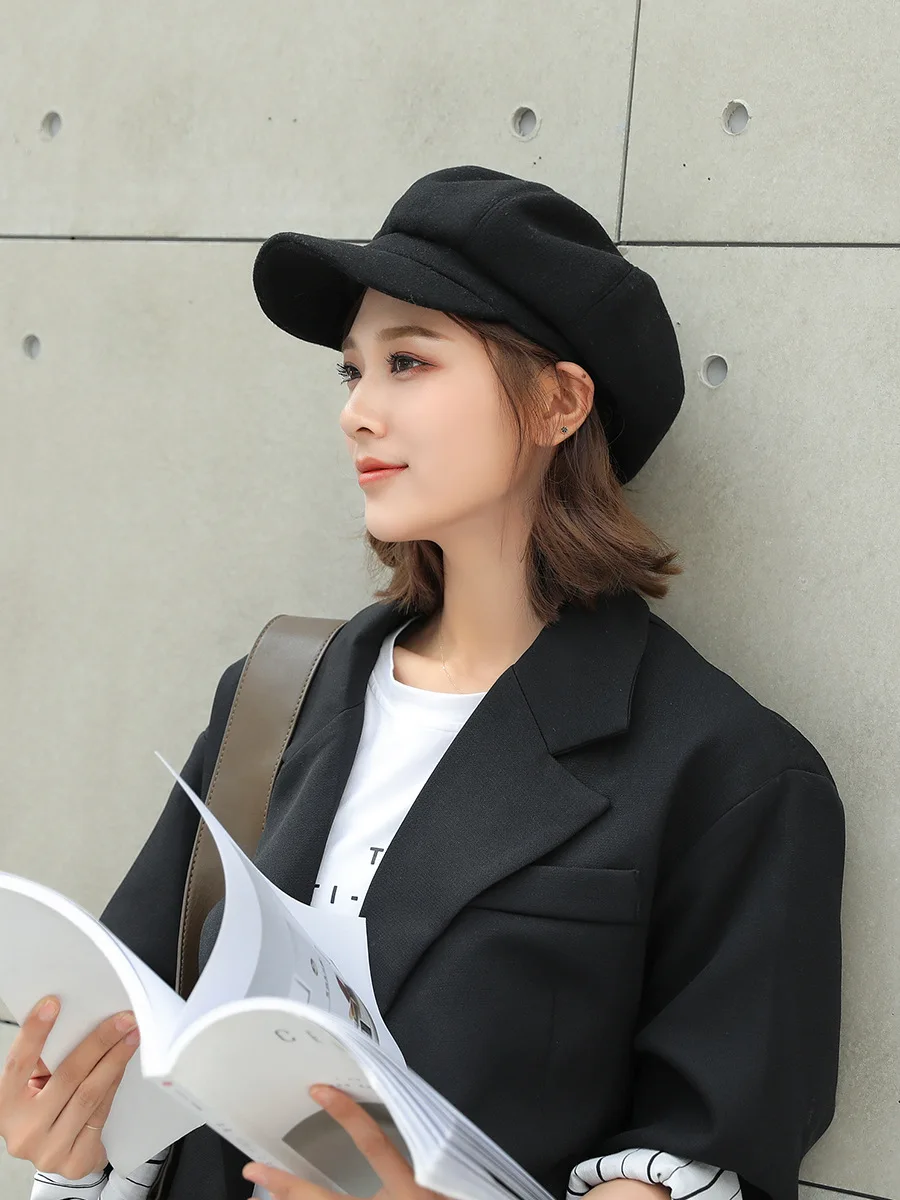 Wool Women Beret Autumn Winter Octagonal Cap Hats Stylish Artist Painter Newsboy Caps Black Grey Beret Hats