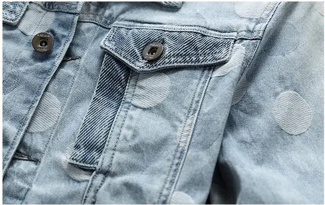 BONJEAN Mens Polka Dot Denim Jacket Mal Rock Fashion Light Blue Slim Casual Biker Jackets Coat Drop Shipping