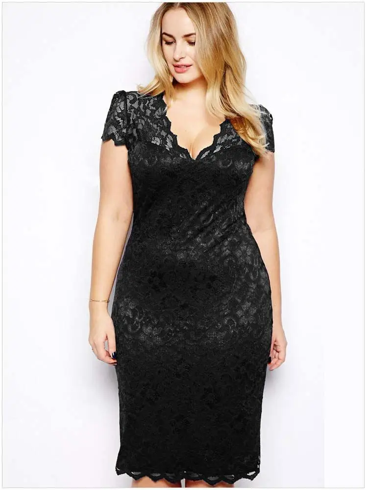 Lugentolo женское платье летнее Новое большой размер полое с коротким рукавом сексуальное платье с v-образным вырезом кружевное 6 цветов размер(M-5XL - Цвет: Черный