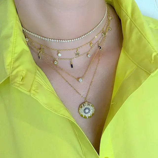 Женское Ожерелье с гравировкой cz evil eye Золотое широкое ожерелье подвеской для