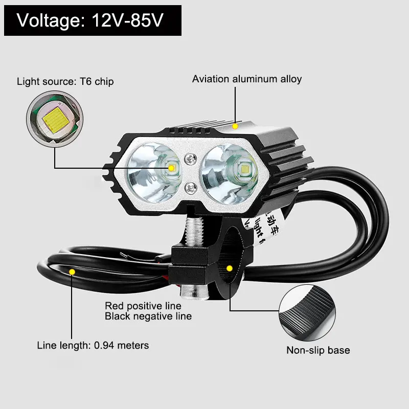 1 шт 12-85 В постоянного тока 20W 6000K 4000LM 2x XM-L T6 светодиодный мотоциклетный головной светильник спот работа светильник внедорожный противотуманный автомобильный лампа скутеры точечный светильник - Цвет: Черный