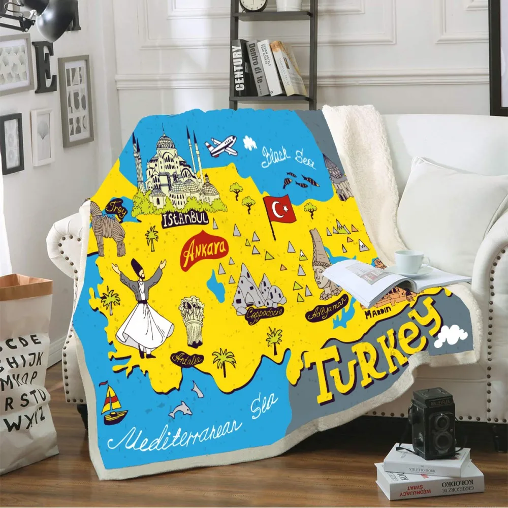 

Turkey Map Winter Soft Sherpa Coral Blanket Creative Painting Yellow Blue Throw Blanket Knee Blanket Cozy Travel Party Blanket