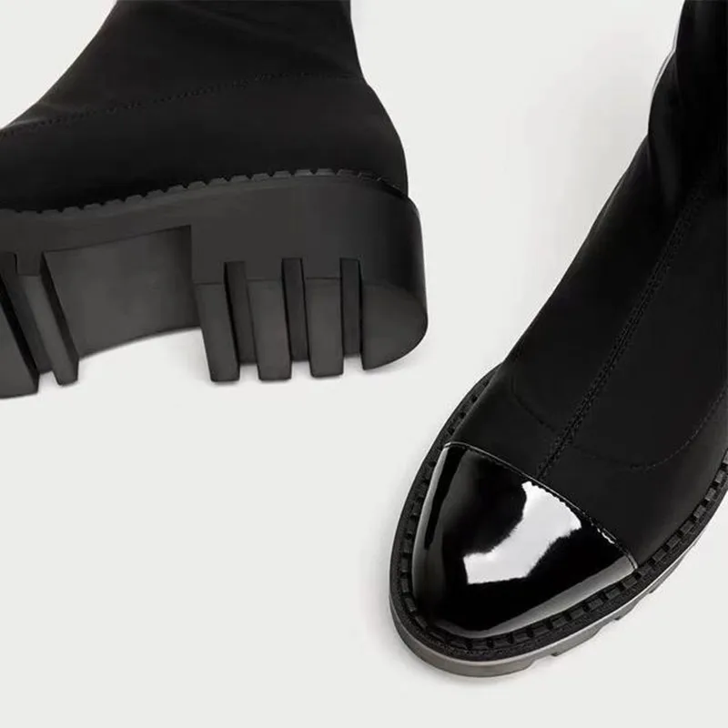 KATELVADI/осенне-зимние ботинки; Черные ботильоны из эластичной ткани; нескользящая резиновая подошва; модная обувь «Челси»; K-489
