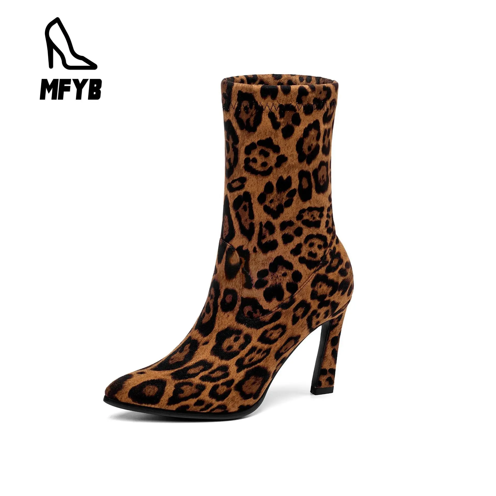 

MFYB Women's boots 2019 winter new European and American fashion pointed high-heeled leopard low boots women's boots 34-43