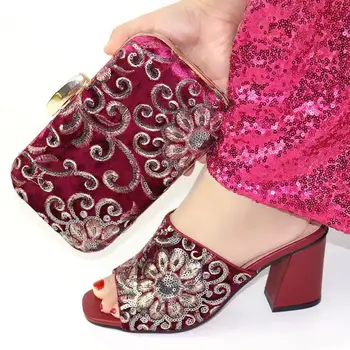 

Hot sale wine women dress shoes match handbag with bling fur style african pumps and bag set V8108,heel 8CM