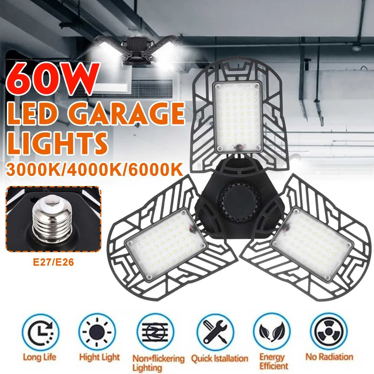 

60W 6000LM 144pcs Led Deformable Lamp Garage light AC170-265V LED Mining Lamps for Garage/ Attic/Basement/Home