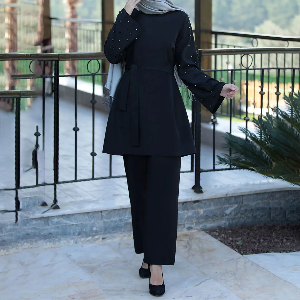 Ramadán musulmán 2 piezas conjuntos mujeres Abaya encaje de Dubai-Top y pantalón Kaftan Eid Pakistán Turquía caftán estera de oración islámica ropa