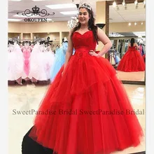 Дешевые красные тюлевые пышные платья Длинные Пышные линии аппликация «сердце» сладкий 16 Vestidos De 15 Anos платье для выпускного вечера