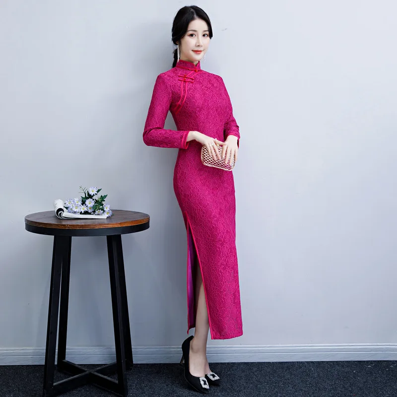 Китайское элегантное вечернее платье ручной работы с пуговицами Qipao, тонкое длинное Qipao, большие размеры, M-4XL, сексуальное кружевное Чонсам с высоким разрезом