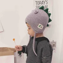 Детская вязаная шапка в стиле динозавра, детская теплая шапка с наушниками, шапка с ушами динозавра, детская шапка, зимняя теплая шапка для маленьких девочек,#10