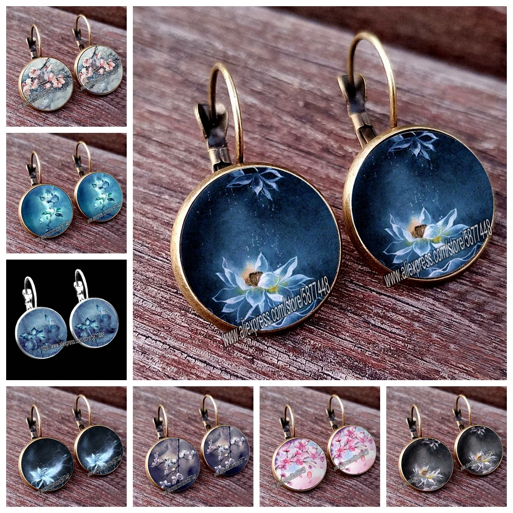 Retro Handmade Lotus Fower Women Pattern Glass Cabochon Stud Earring Blossom Flower Earring for Woman and Girl