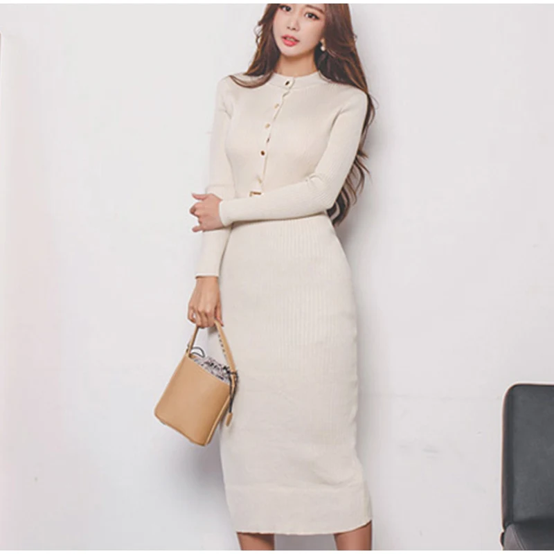 

2019 New Runway Women's Autumn Slim Knitting Dress Women Buttons Belted Sheath Bodycon OL Elegant Work Pencil dresses Vestidos
