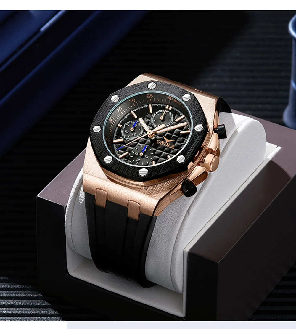 Fashion Classic Quartz Men watch Chronograph Waterproof Rubber Belt Date Wristwatch Rose Gold Metal Watch