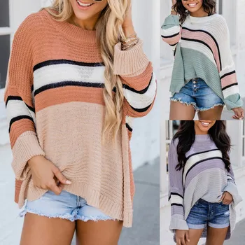 

Women Sweaters женские свитера New Fashion Casual Loose Autumn Streetwear Stripes Patchwork O-Neck Long Sleeves Tops Free Ship