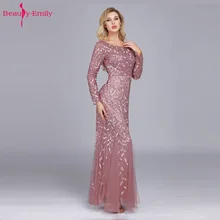 Beauty-Emily/Вечерние платья с круглым вырезом и длинными рукавами, тюлевые плиссированные вечерние платья русалки с блестками и аппликацией для мусульманских женщин, Vestido de noche