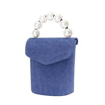 

Denim Pearl Portable Bucket PU Leather Solid Color with Amber Beaded Shoulder Bag Evening Party for Ladies Vintage Messenger Bag