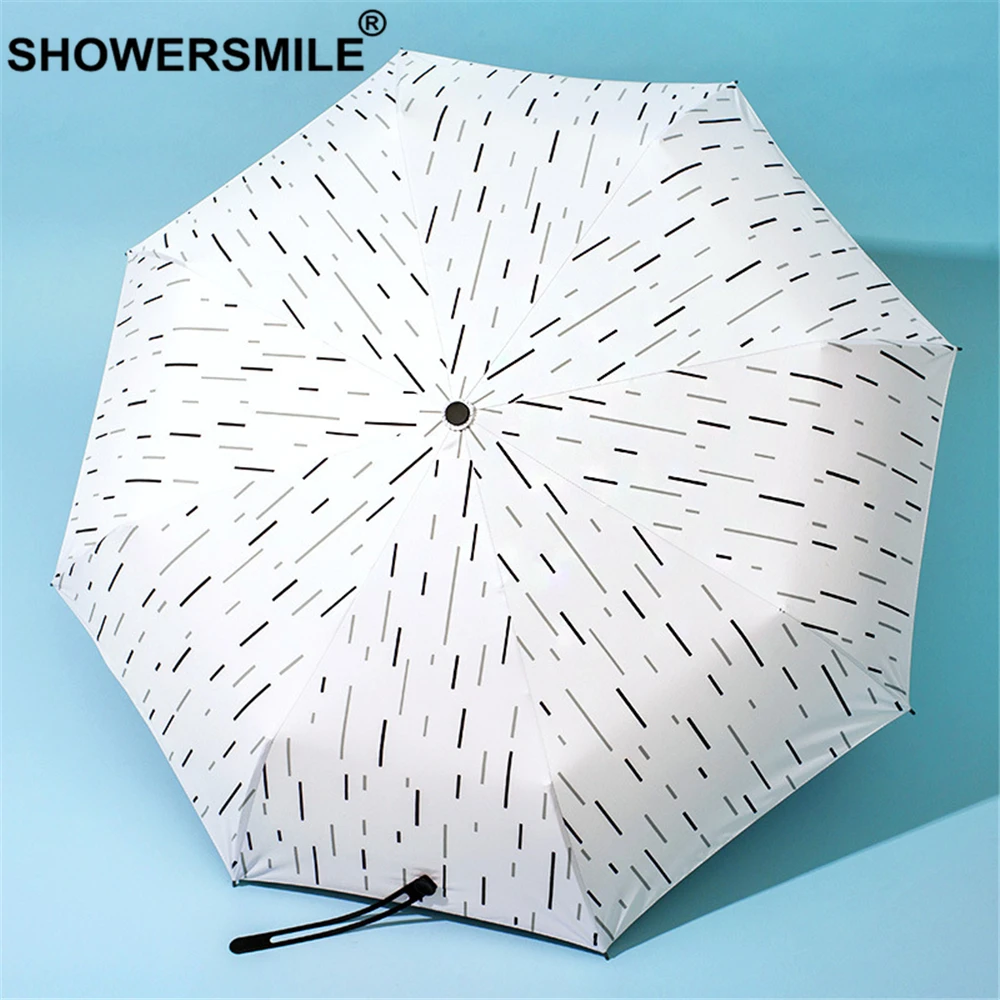 

SHOWERSMILE Three Folding Umbrella Black White Striped Folding Uv Protection Parasol Sun and Rain Brand Guarda Chuva