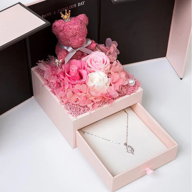 Valentine's Day Gifts Artificial Flowers Teddy Bear Rose Two Door Gifts Box Girlfriend Birthday Women Anniversary Wedding gifts