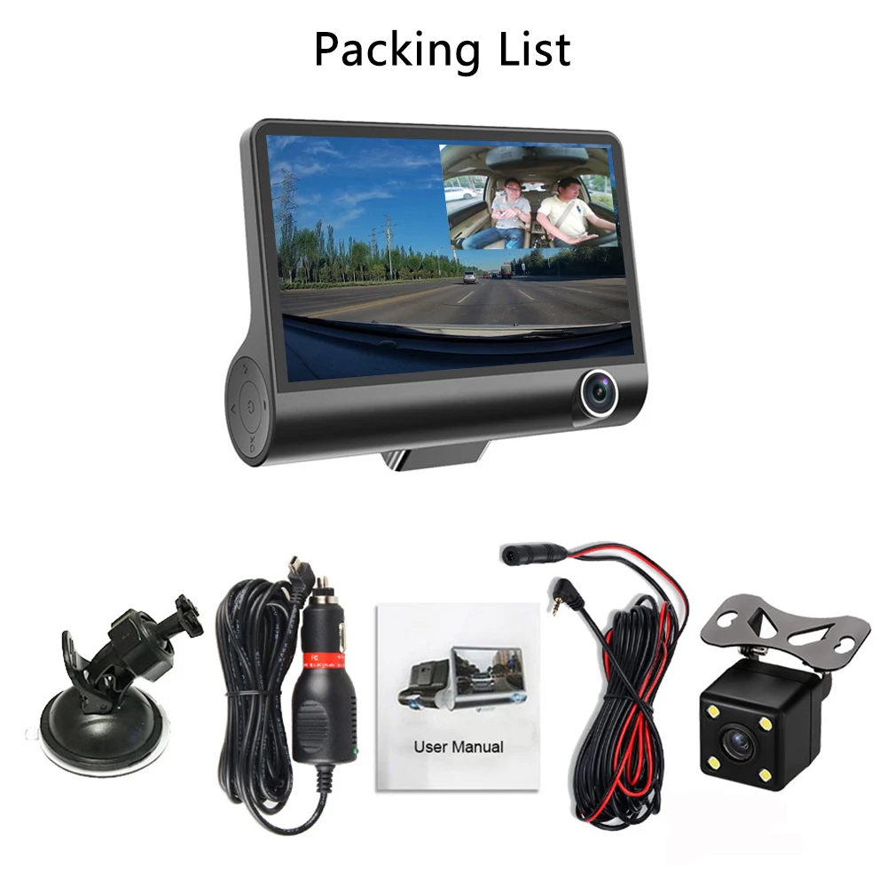 AMPrime 4 ''трёхполосный Автомобильный видеорегистратор FHD с тремя объективами, видеокамера 170, широкоугольный видеорегистратор, g-сенсор и видеокамера ночного видения