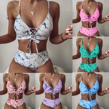 

Peachtan Sexy tie dye bikini Bandeau swimsuit women High waist swimwear female String lace up bathing suit Sport biquini Bathers