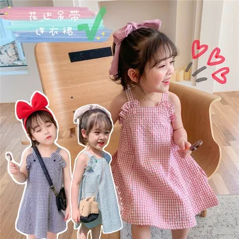 

Summer pink black green checkered dress, cotton A type comfortable sleeveless dress, Sweet cute girls clothes ,Princess style