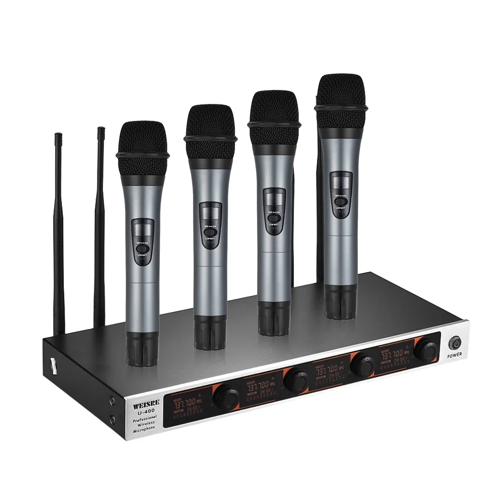 

Professional 4 Channel VHF Wireless Handheld Microphone System 4 Microphones 1 Wireless Receiver LCD Display