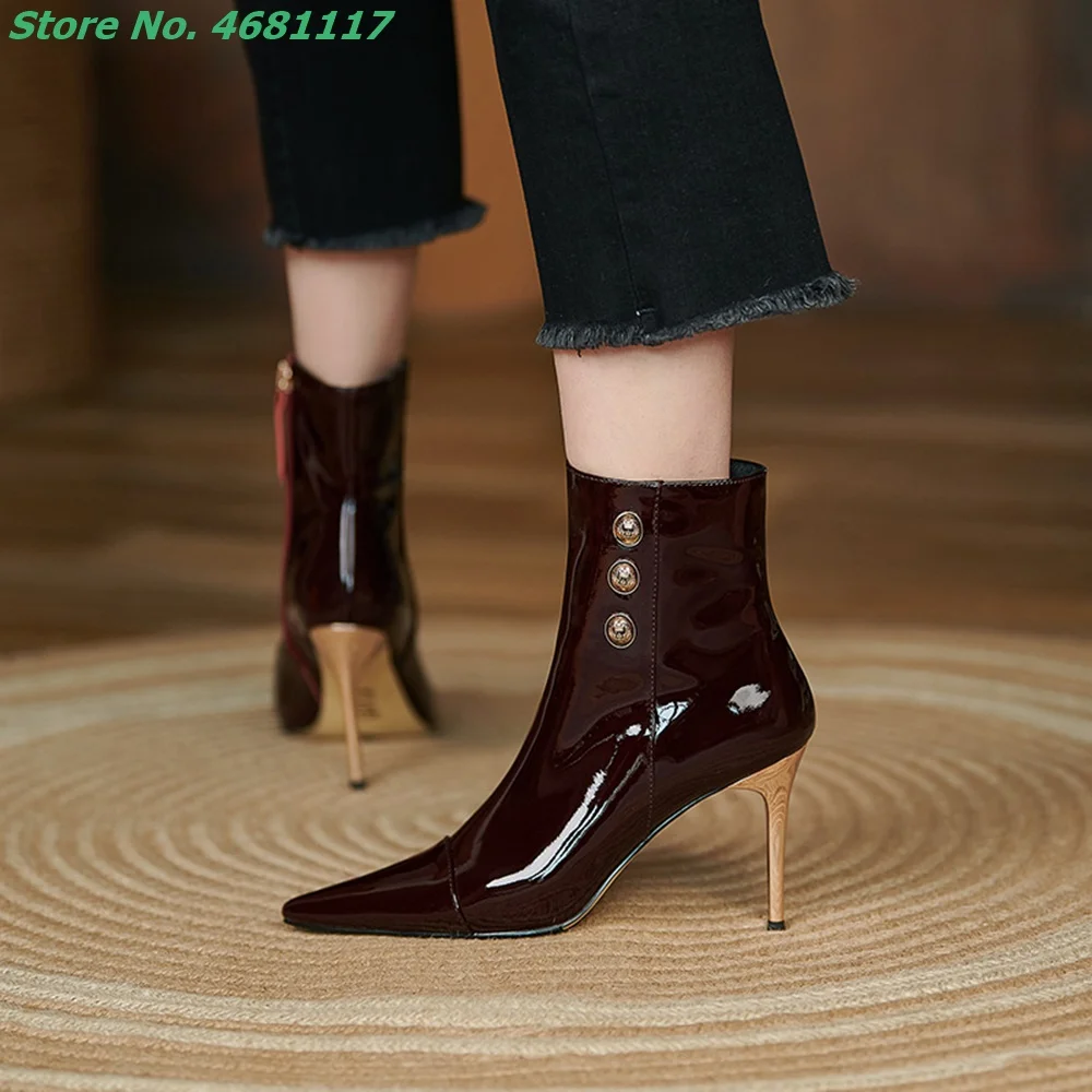 

Cow Patent Leather Rivet High Heels Ankle Boots Newest Side zipper Pointed Toe Super High Thin Heels Women Outfit Street Style