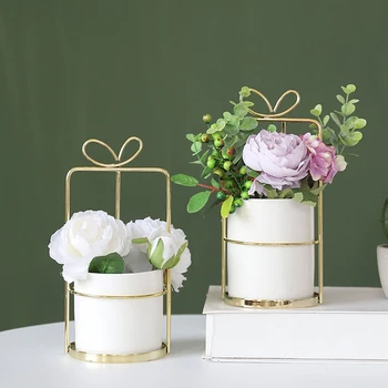 

Charming Metal Ceramic Flowerpot Nordic Style Artificial Flower Bonsai Pot Home Desktop Vase Balcony Decorations