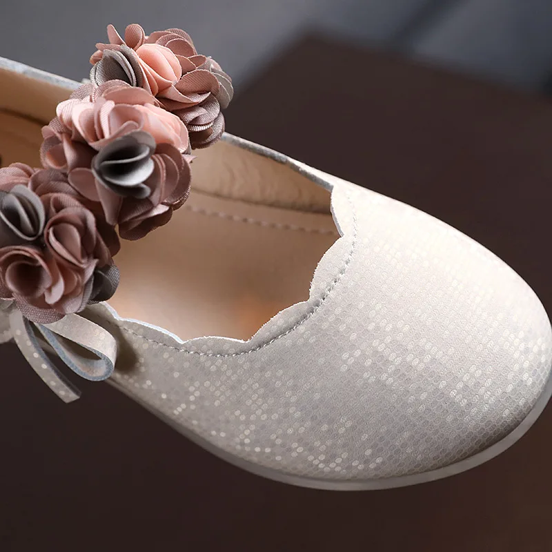 Toddlers Girls Shoes Kids Flats Princess With Flowers Bow-knot Soft Glitter Leather Children's Party Wedding Shoes Floral 22-31