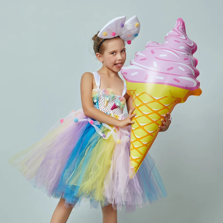 Ice Cream Applique Girls Tutu Dress with Bow Pom-pom Design Kids Sweet Birthday Party Holiday Tulle Dress Children Food Costume (4)