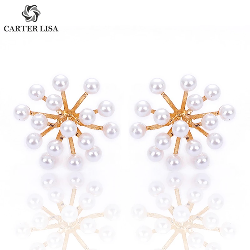 CARTER LISA Pirecing Atomic Snowflake Faux Pearl Small Stud Earings For Women Girl Fashion Modern Jewelry Party Gifts kolczyki | Украшения