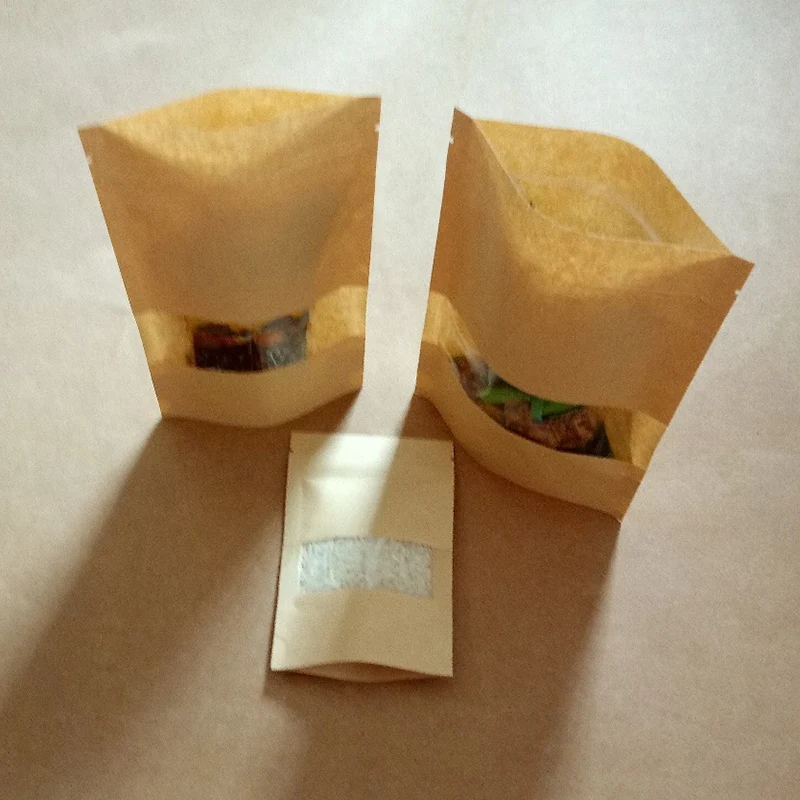 Hot Sale 100Pcs Zipper Kraft Paper Bag Kraft Paper Bag Gift Ziplock Bag with Window Stand Up Bag