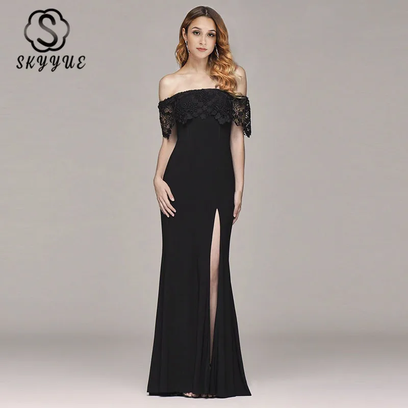 

Skyyue Evening Dress Off The Shoulder Robe De Soiree Boat Neck Women Party Dresses 2019 Short Sleeve Formal Evening Gowns C476