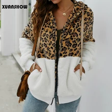 XUANSHOW зимнее модное пальто с леопардовым принтом Лоскутные женские куртки плюшевые флокированные теплые толстовки на молнии дамское пальто