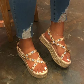 

2020 Platform Sandals Handmade Rhinestones Summer Open Toe Sandals Women Comfortable Plus Size 35-43 Sandalia Feminina