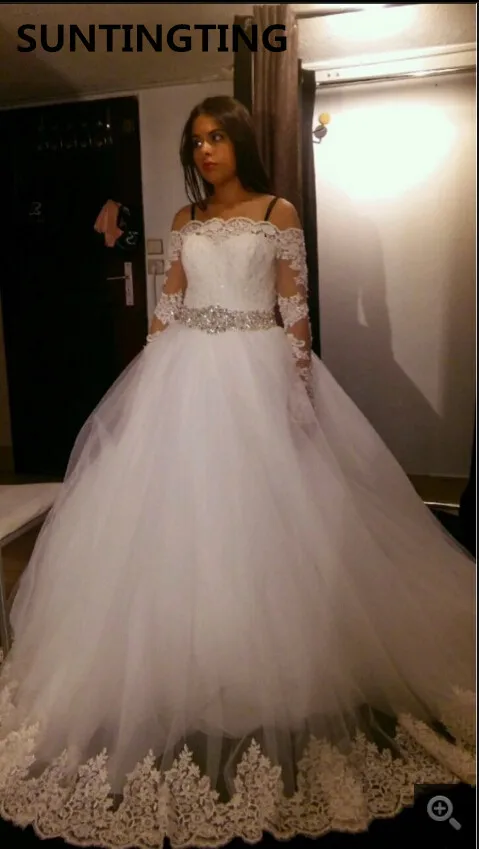 

2020 new arrival white lace appliques ball gown wedding dress sexy off the shoulder long sleeve beaded bridal gowns with corset